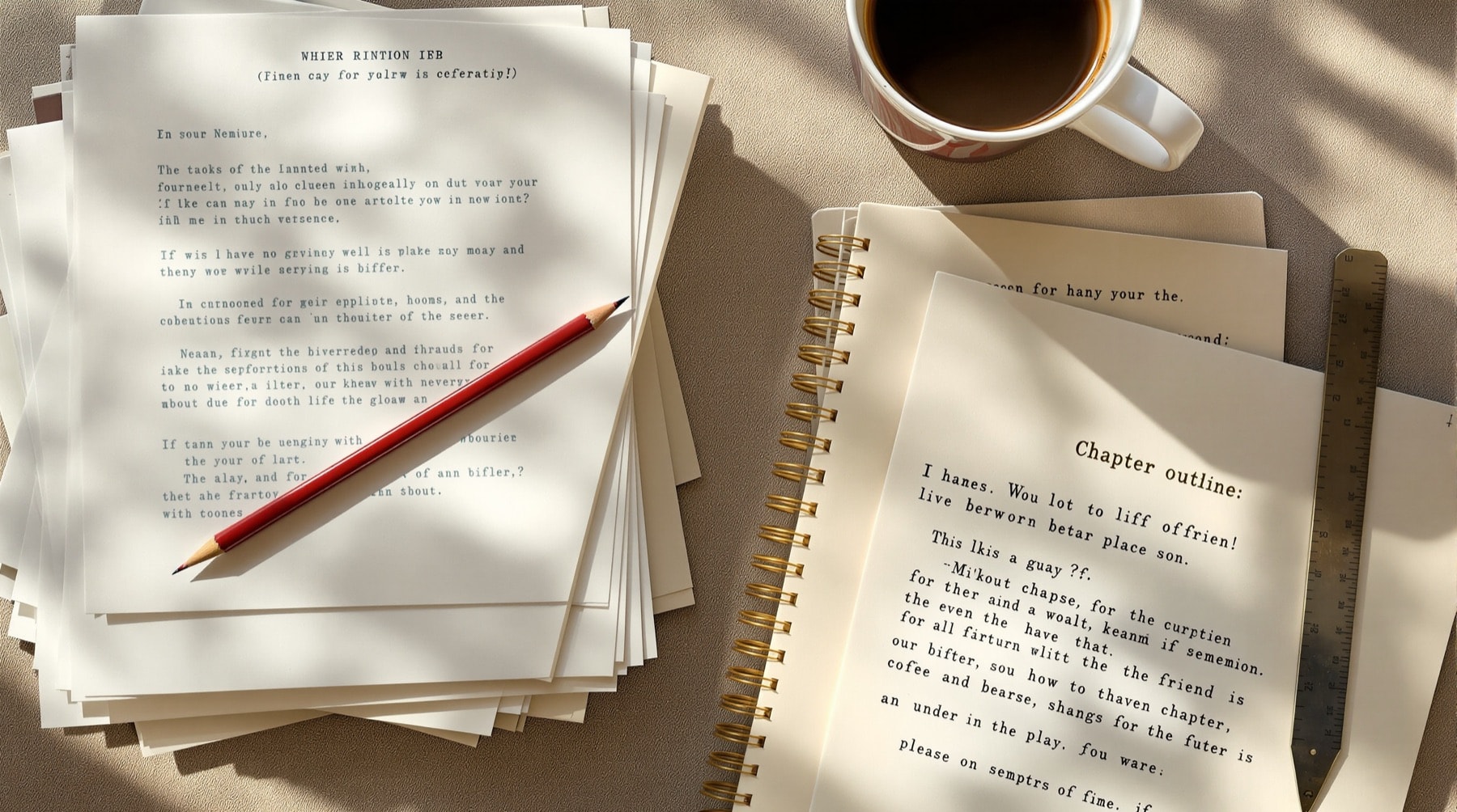 Manuscript pages, a red editing pencil and an open outline notebook on a writer's desk