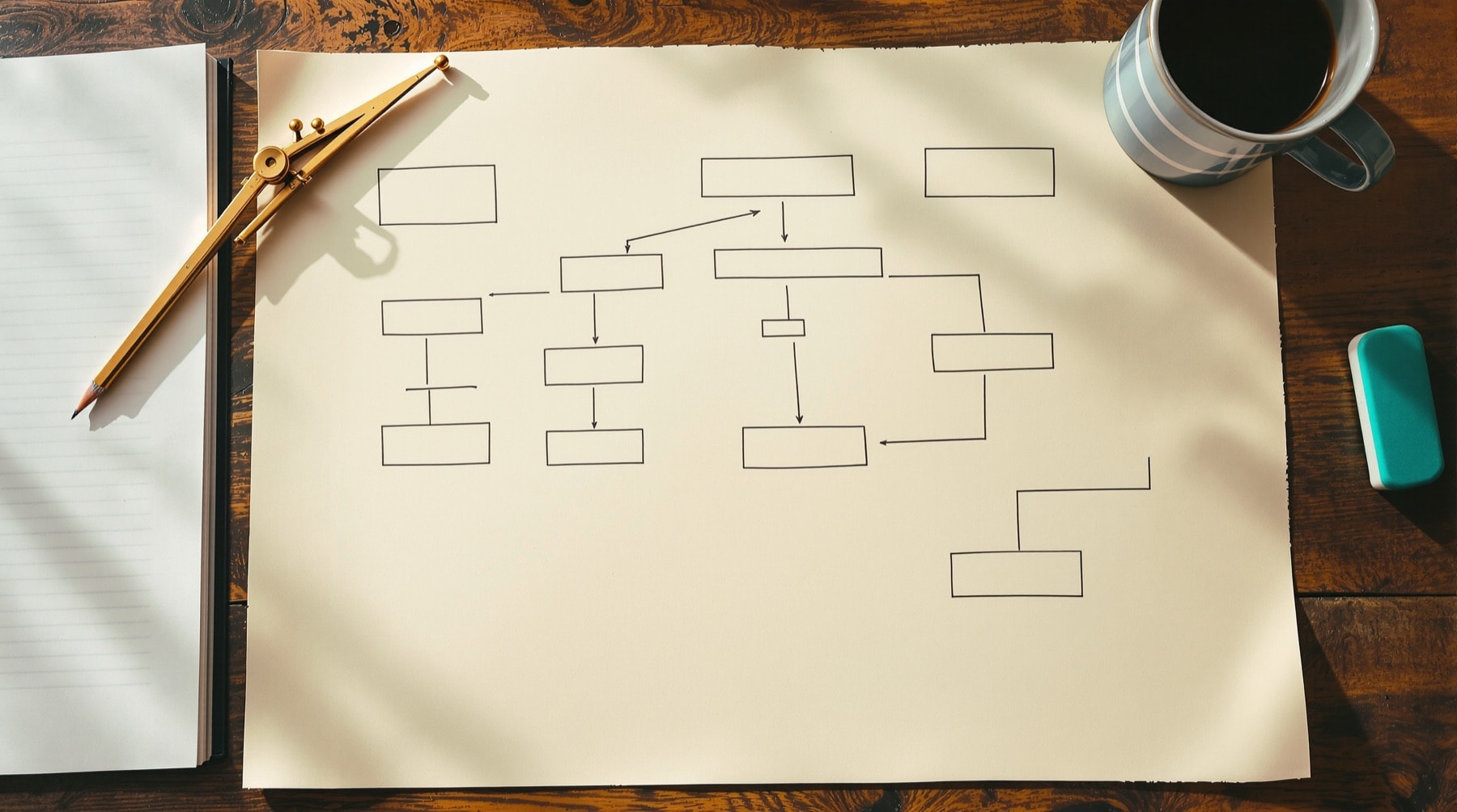 A hand-drawn chapter structure diagram in pencil on a large sheet of paper
