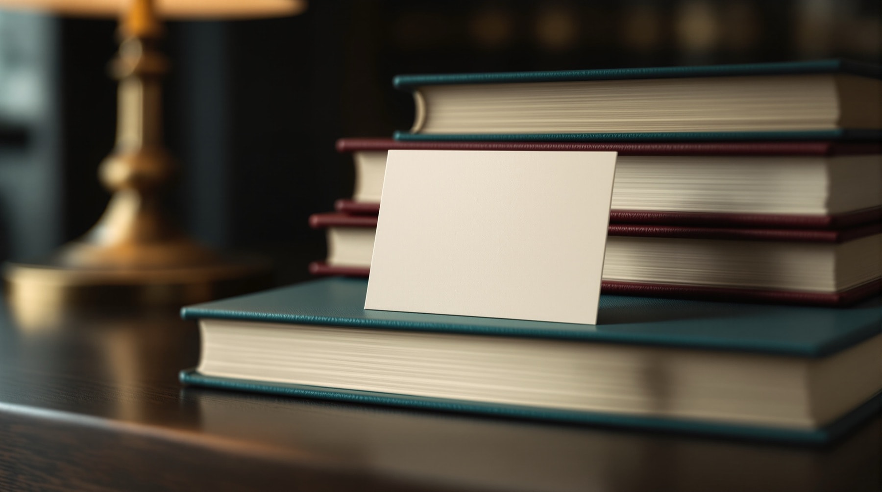 A single blank card propped against a stack of books on a wooden table