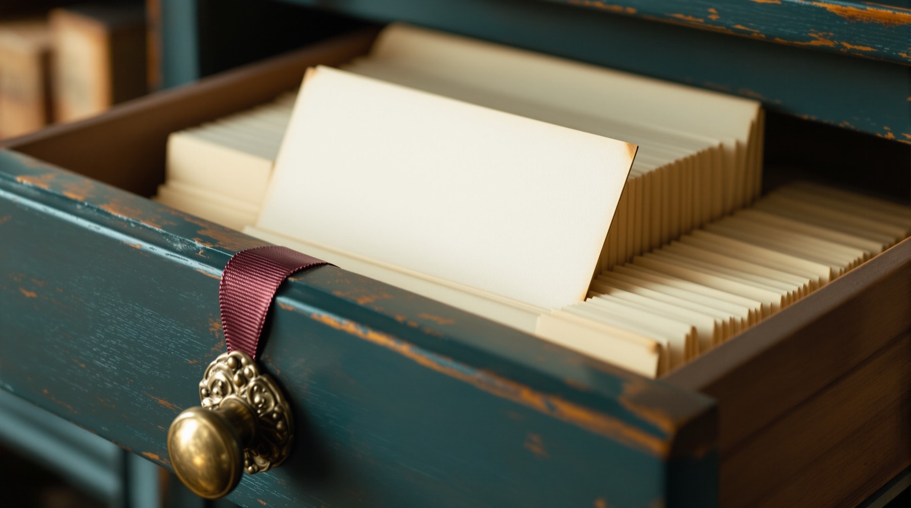 An open library card-catalogue drawer filled with cream index cards