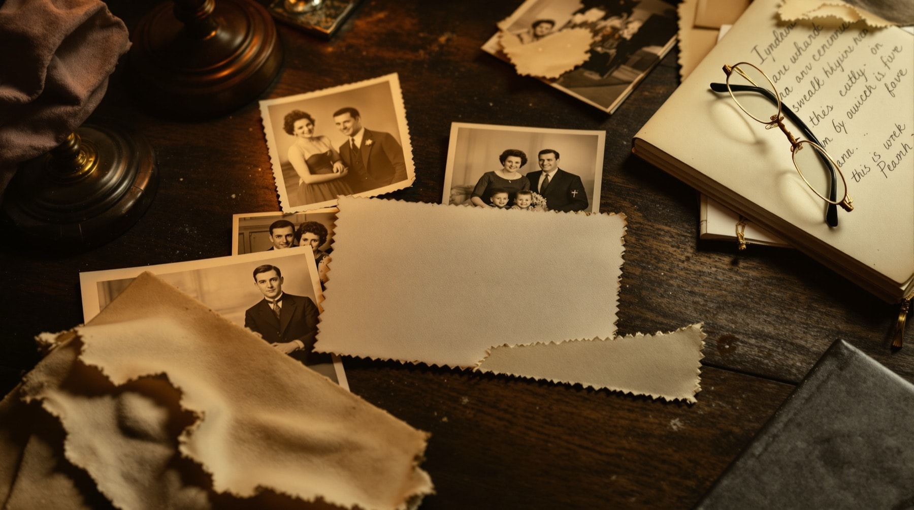 Old family photographs, an envelope and a notebook arranged on a dark table