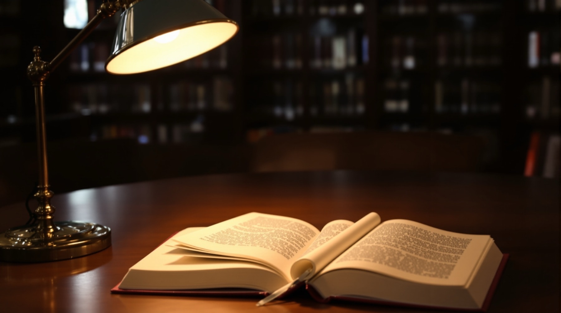 Non-fiction books on a library reading table under a brass lamp
