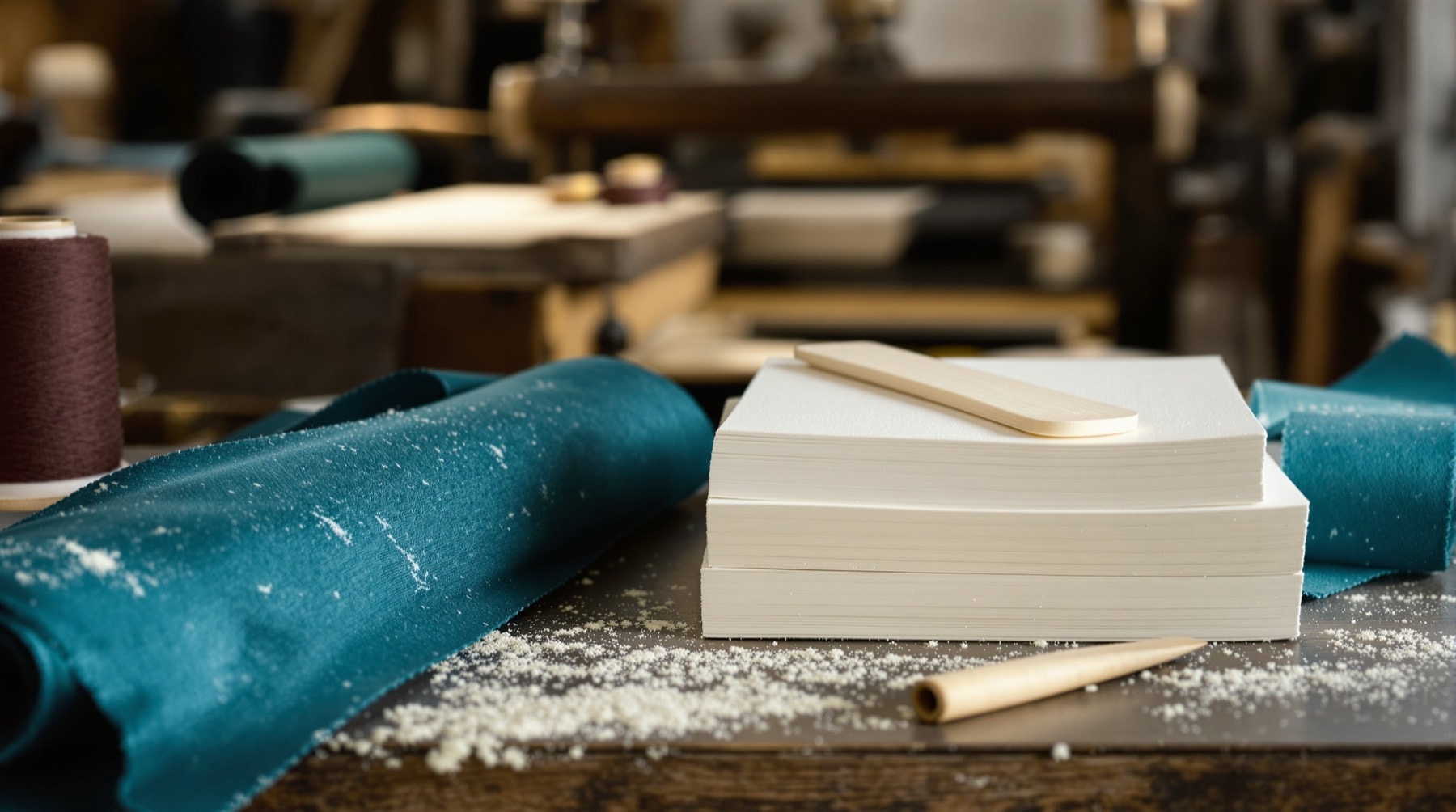 A stack of trimmed book blocks, a bone folder and binding cloth in a small bindery