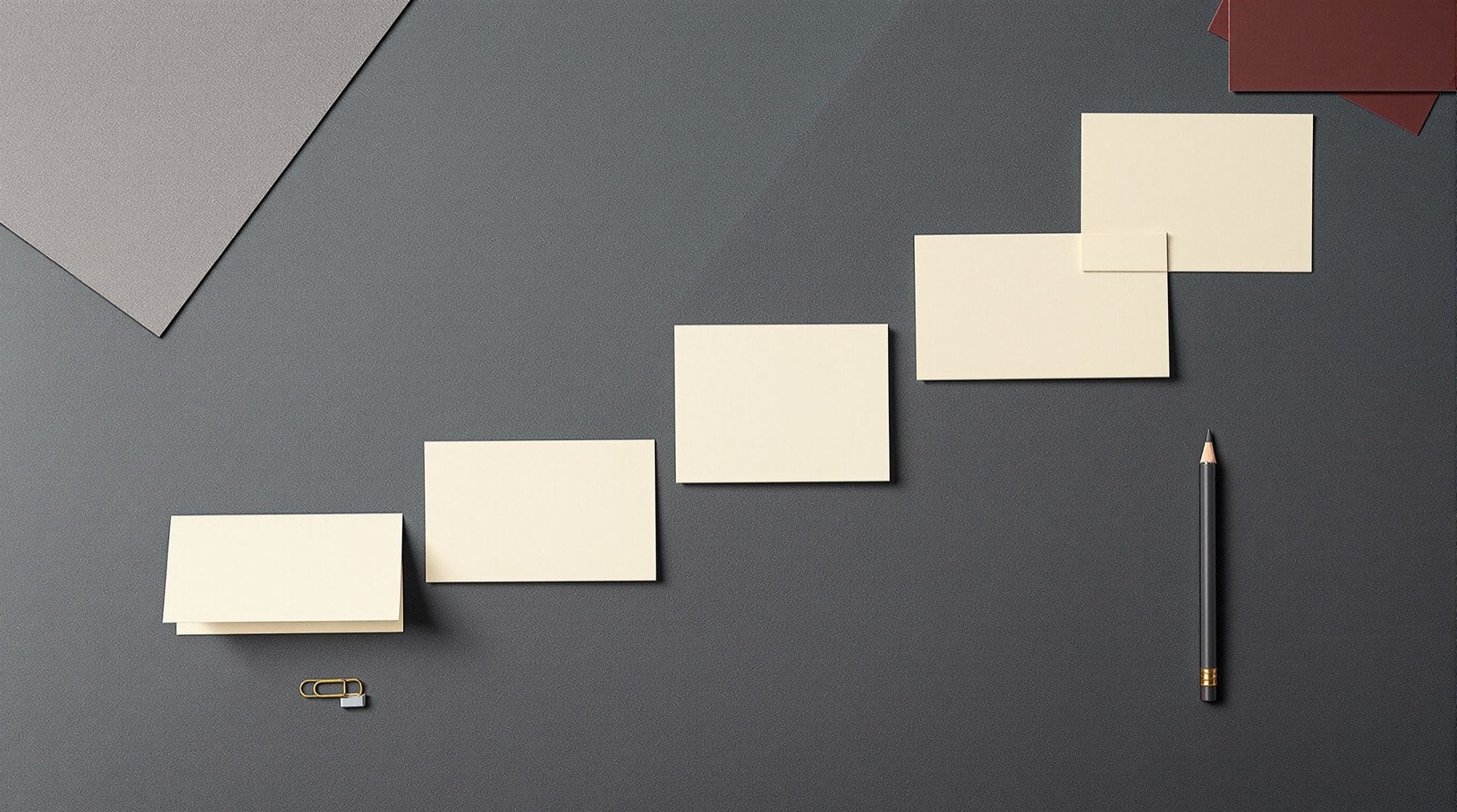 Seven blank index cards laid out in sequence on a linen surface