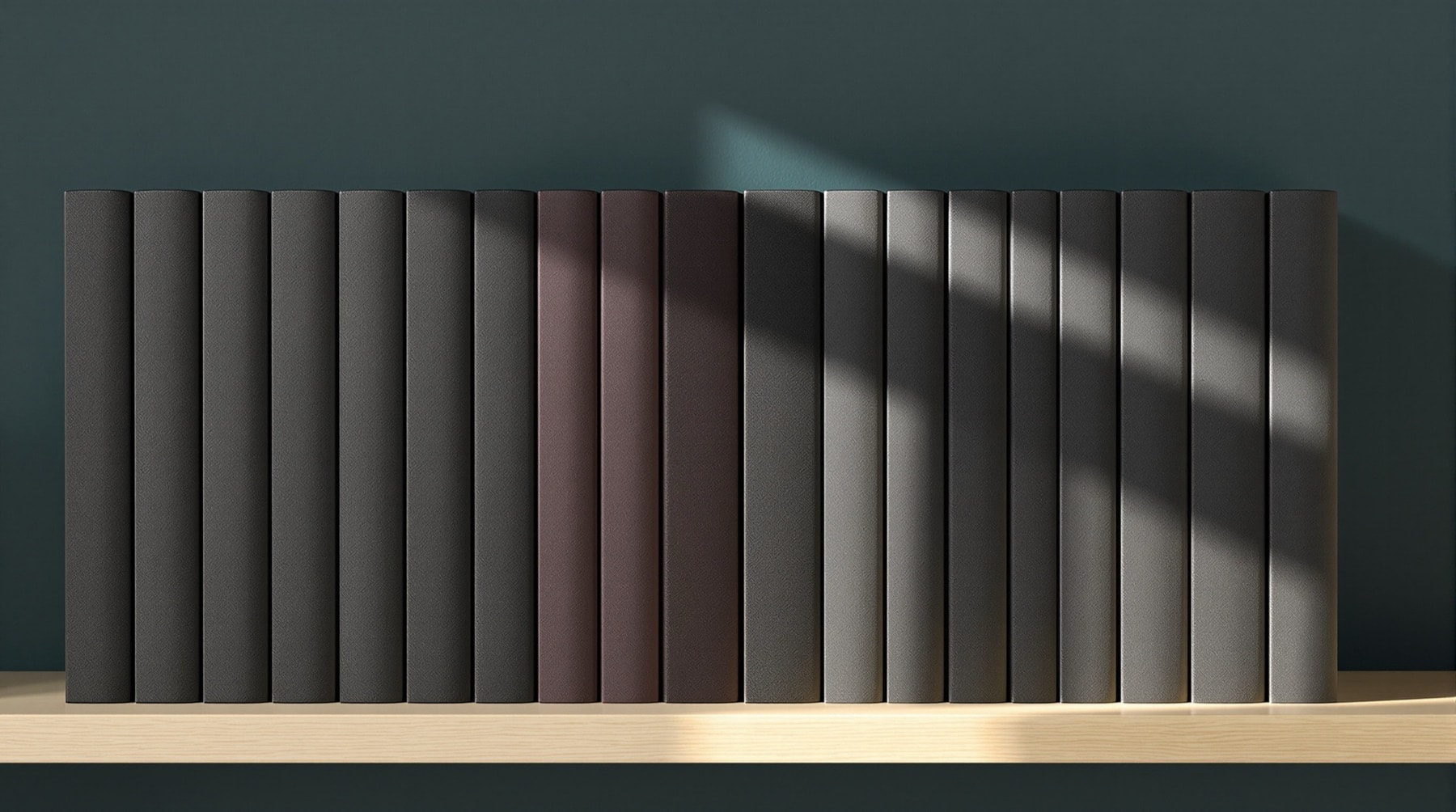 A row of identical grey book spines with one oxblood volume turned face out